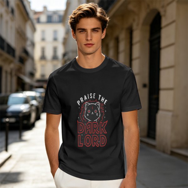 Olive t-shirt with 'Praise the Dark Lord' and dark cat graphic