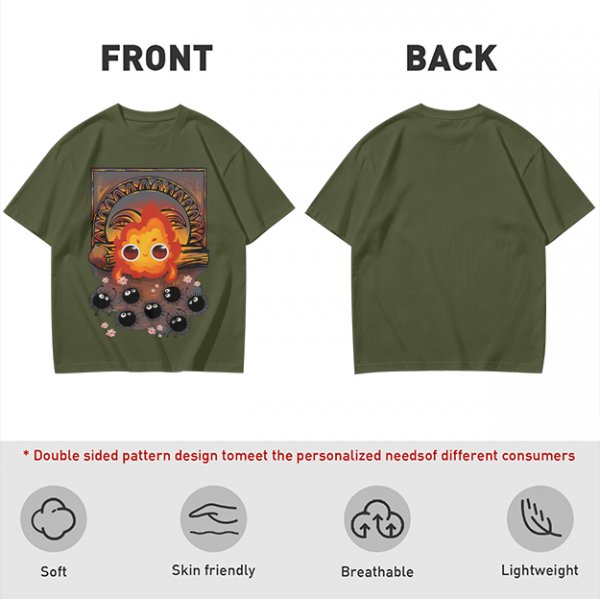 Olive t-shirt with Calcifer and soot sprites graphic print