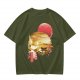 Olive t-shirt with Japanese cat bus and sun graphic