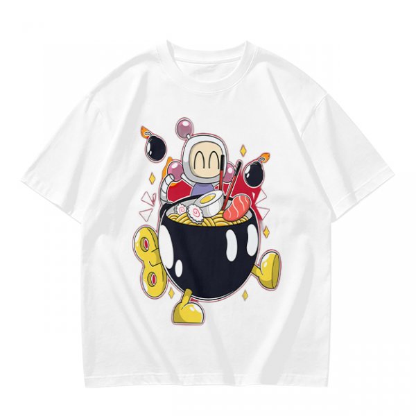 Olive T-shirt with Bomberman Character Eating Ramen Print
