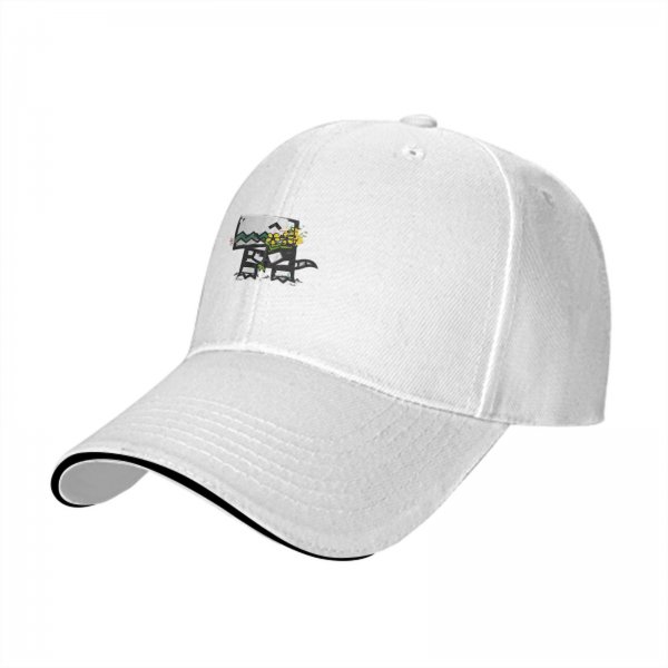 Black baseball cap with cute mushroom and yellow flowers graphic