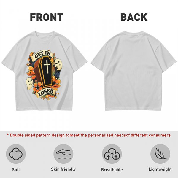 Olive Halloween T-Shirt with Get In Loser Coffin Ghost Floral Art