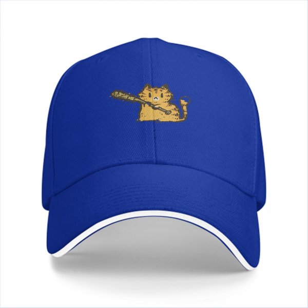 Black baseball cap with a cartoon orange cat holding a baseball bat