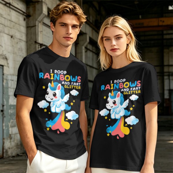 Olive t-shirt with playful unicorn rainbow poop and glitter fart graphic