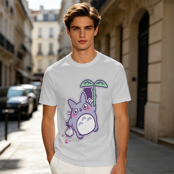 Olive T-Shirt With Cute Chibi Totoro Holding Leaf Print