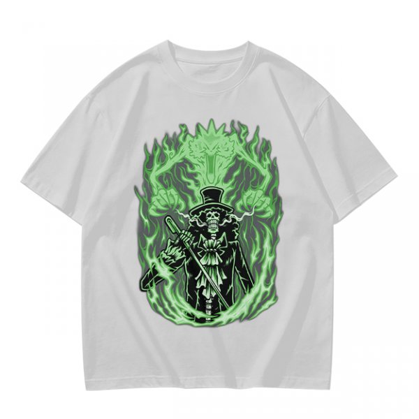 Olive T-Shirt With Skeleton Gentleman And Green Flames Art