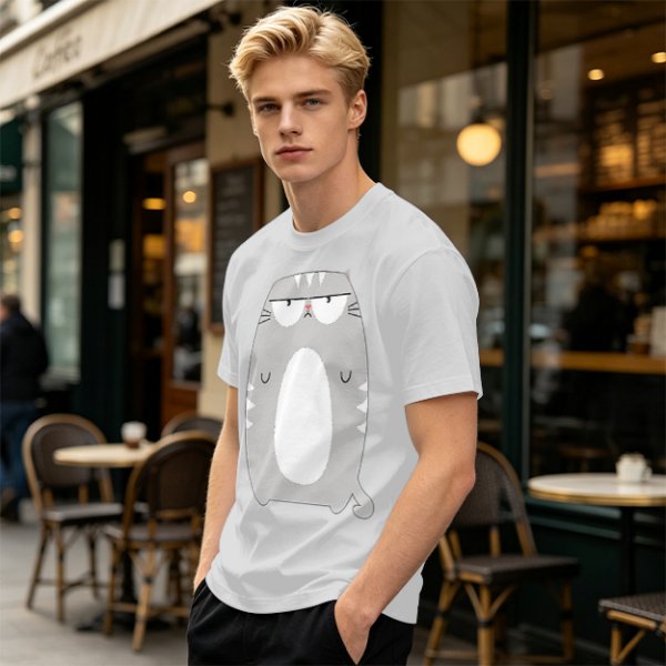 Olive Green T-Shirt With Grumpy Chubby Gray Cat Graphic