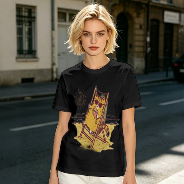 Olive T-Shirt With Cool Cat Lounging On Beach Chair Holding Drink