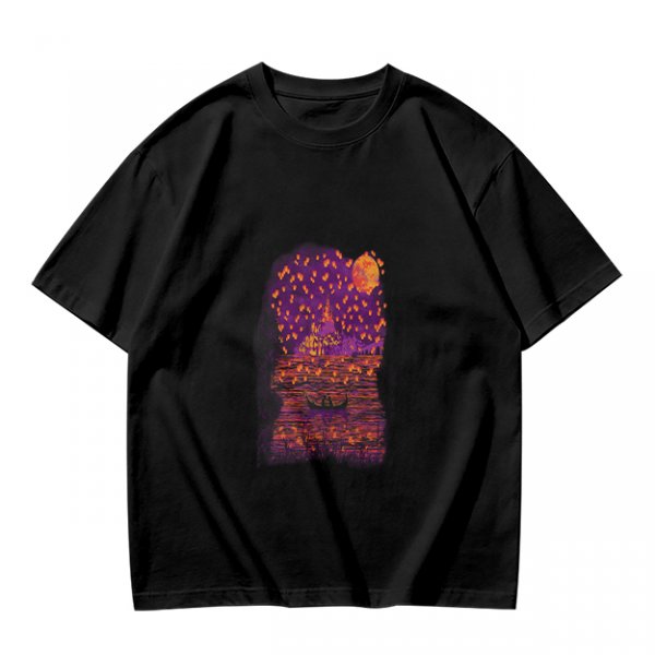 Olive T-Shirt with Purple Sunset Boat Scene Graphic