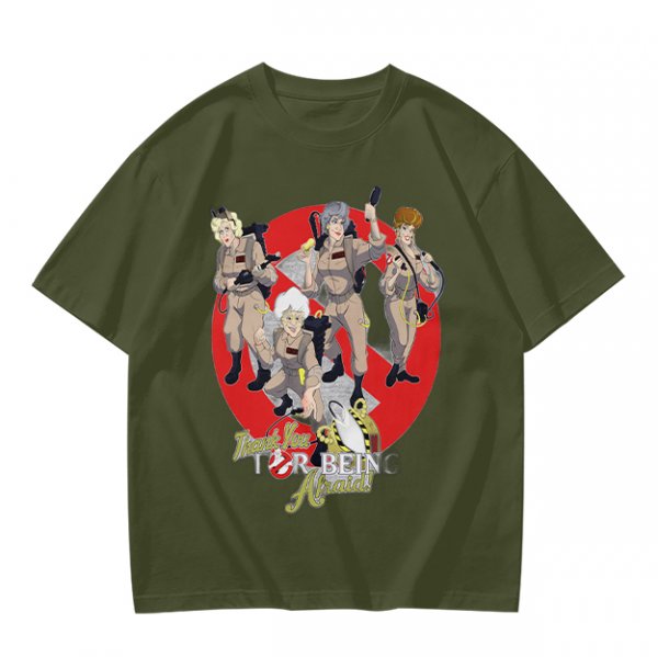 Olive T-shirt with Ghostbusters parody female character graphic print