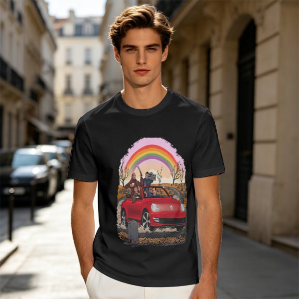 Olive T-Shirt With Red Convertible Car, Rainbow And People Graphic
