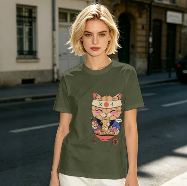 Olive green t-shirt with a cute cat eating ramen graphic