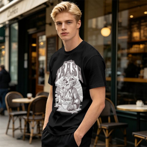 Olive graphic t-shirt with raccoon eating and 'Stop eating TRASH' print