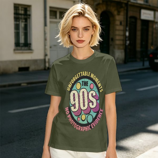 Olive green graphic t-shirt with 90s nostalgic print