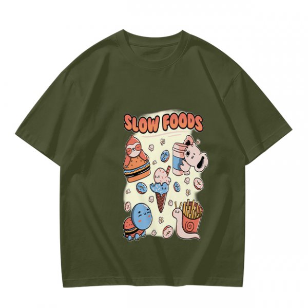 Olive green graphic t-shirt with slow foods animal fast food mashup print