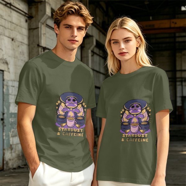 Olive Graphic T-Shirt with Wizard Cat and Stardust & Caffeine Print
