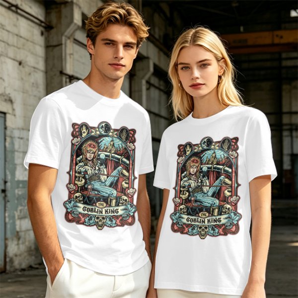 Olive green t-shirt featuring The Goblin King tarot-style artwork