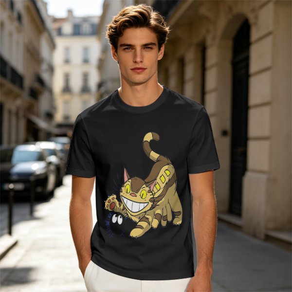Olive T-shirt with Catbus and Soot Sprite Anime Print