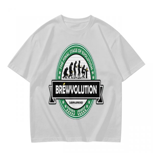 Olive t-shirt with 'Brewvolution' beer evolution graphic design