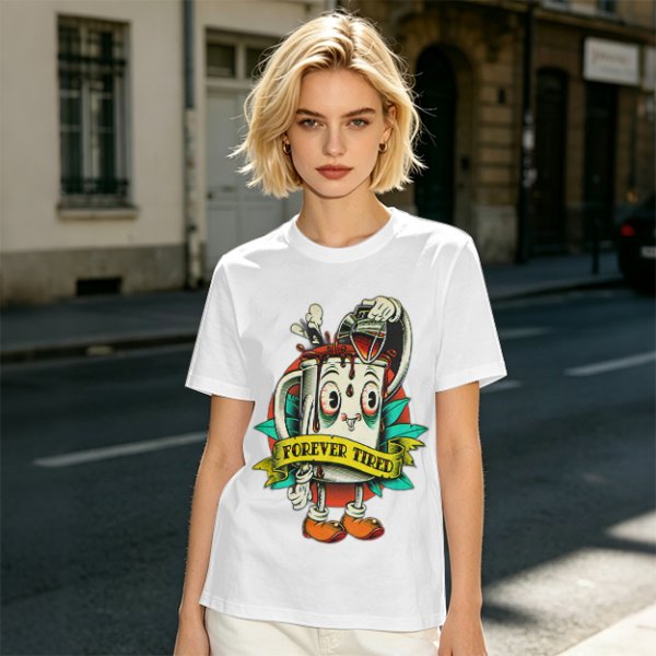 Forever Tired Coffee Mug Cartoon Character T-Shirt Design