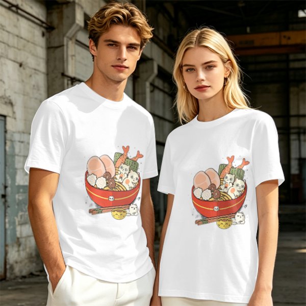 Olive T-Shirt With Cute Cat Ramen Bowl Graphic Print