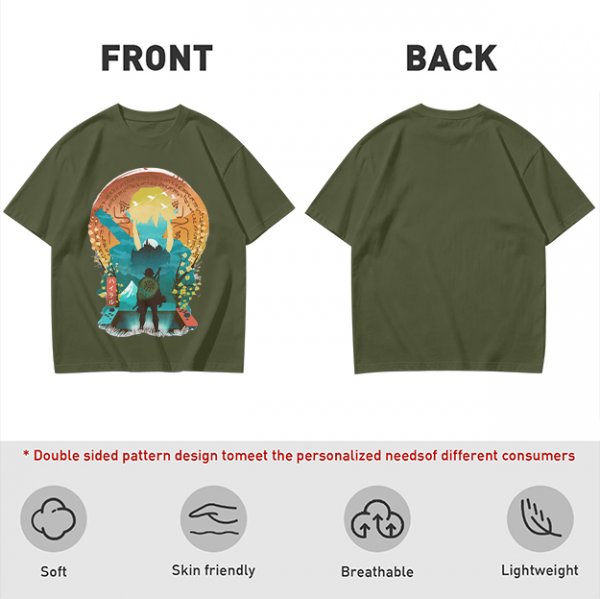 Olive Green T-Shirt With Fantasy Hero Silhouette Landscape Art