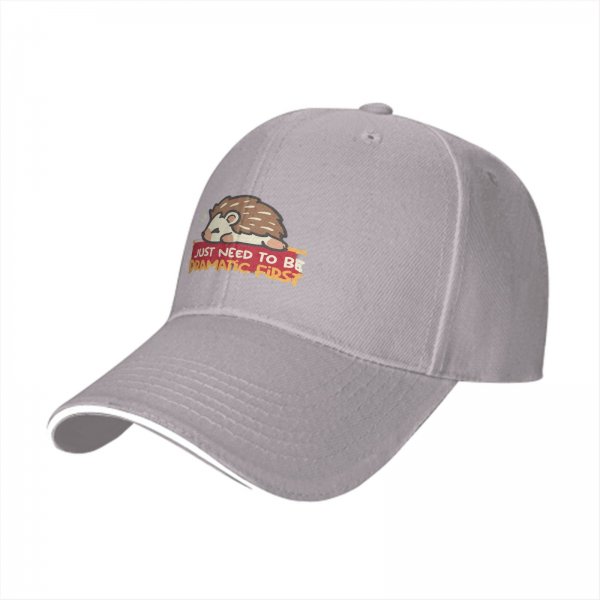 Black baseball cap with dramatic hedgehog graphic and funny text