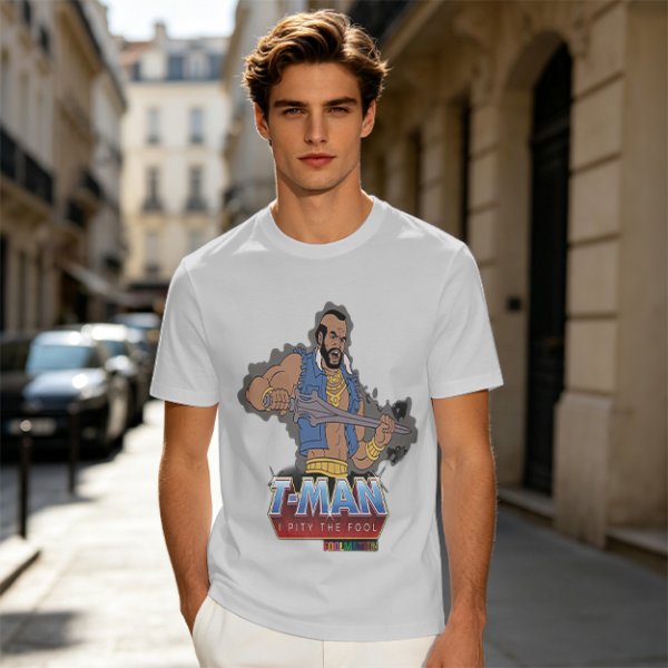 Olive T-shirt with T-Man He-Man parody graphic and 'I Pity The Fool' text