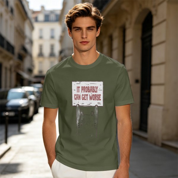 Olive t-shirt with cat holding 'It Probably Can Get Worse' sign