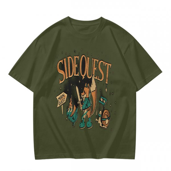 Olive t-shirt with Side Quest fantasy adventure graphic print