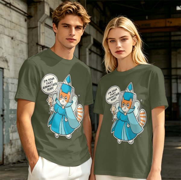 Olive T-Shirt With Fairy Godmother Cat Graphic Print
