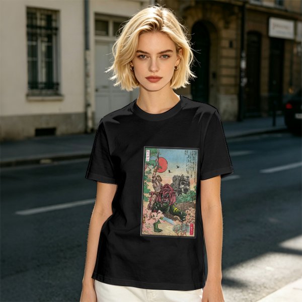 Olive T-shirt with ukiyo-e style fantasy creature graphic print
