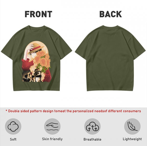 Olive anime graphic t-shirt with straw hat and sunflowers