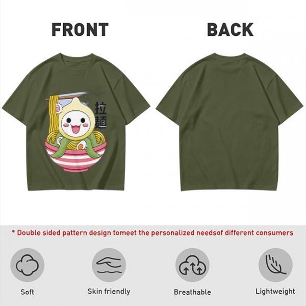 Owl-like character in ramen bowl graphic olive green t-shirt