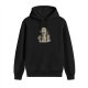 Black hoodie with cartoon dinosaur eating instant noodles graphic
