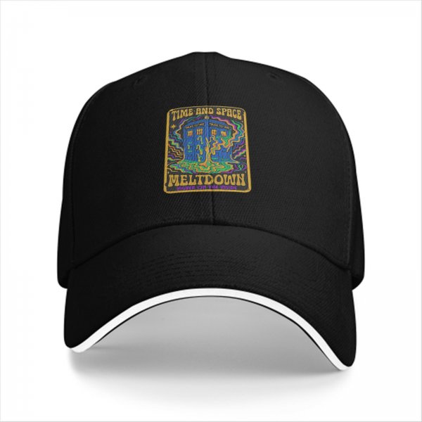 Black baseball cap with Time and Space Meltdown psychedelic TARDIS graphic