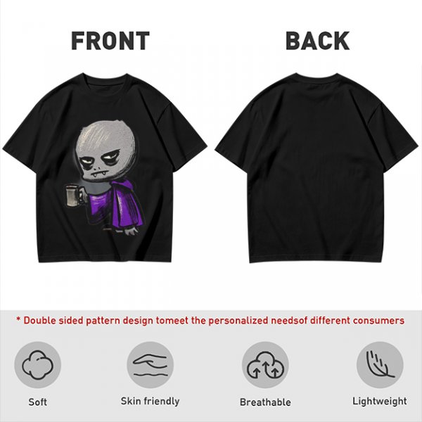 Olive T-Shirt With Grumpy Vampire Holding Coffee Mug Print