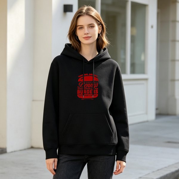 Black hoodie with Benny's Burgers graphic print