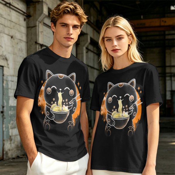 Olive T-Shirt Featuring Black Maneki-neko Cat Eating Ramen
