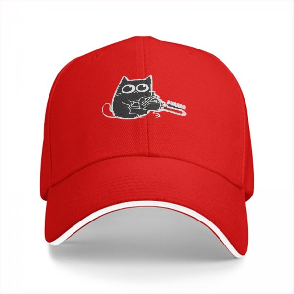 Black Baseball Cap With Cute Cat Holding Chainsaw Purr Print