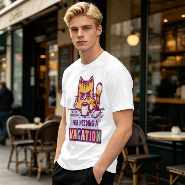 Olive t-shirt with a grumpy cat needing a vacation print