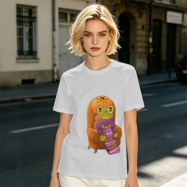 Olive Green T-Shirt with Cozy Frog in Pumpkin Hat Graphic