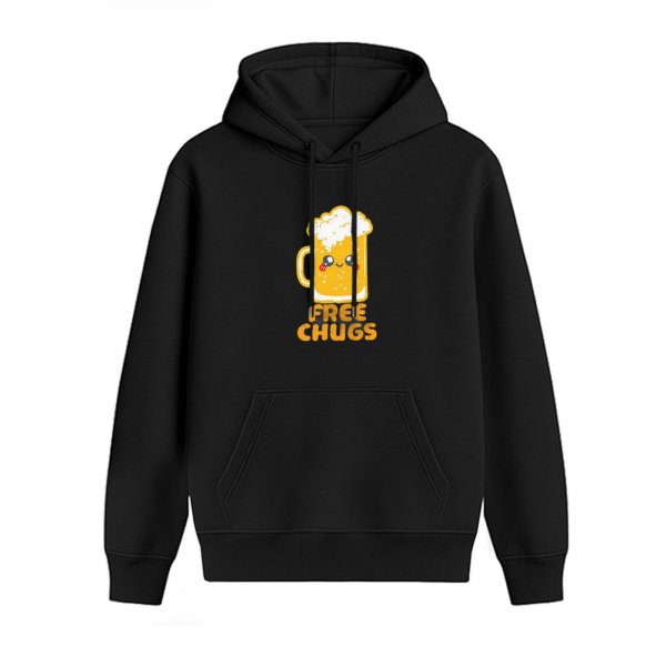 Black hoodie with cute beer mug graphic and 'FREE CHUGS' text