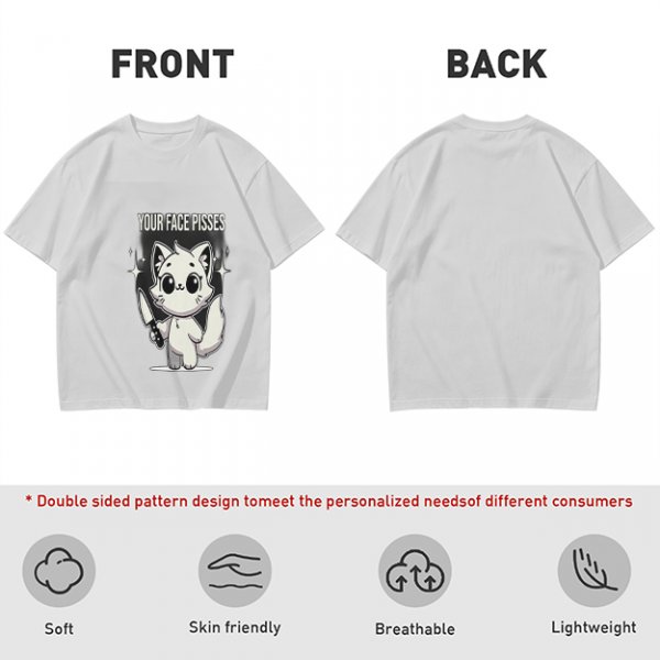 Olive graphic t-shirt with angry cartoon cat holding knife