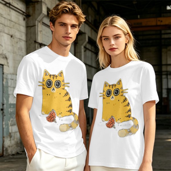 Olive T-Shirt With Cute Surprised Orange Tabby Cat Holding Meat Print