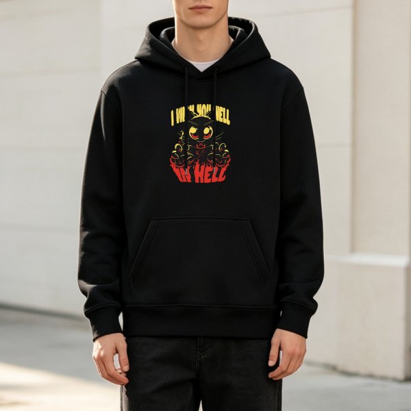 Black hoodie with 'I Wish You Well In Hell' devil cat graphic