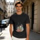 Olive green t-shirt with whimsical elf and dog artwork