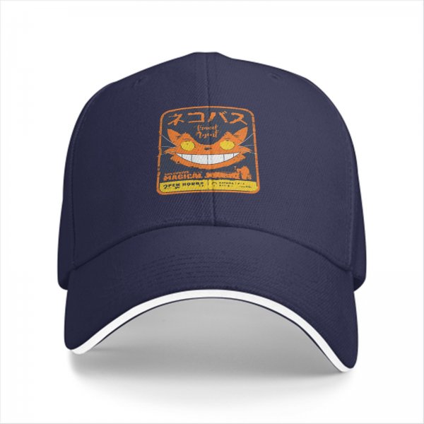 Black baseball cap with magical cat bus themed graphic
