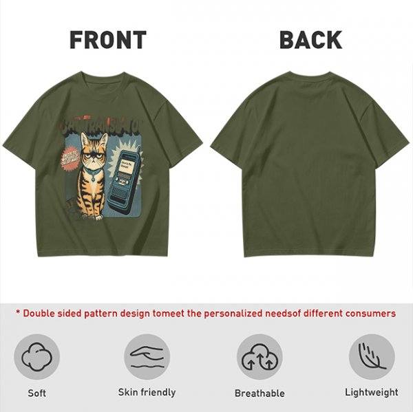 Olive T-Shirt With Grumpy Tabby Cat And Retro Cell Phone Print