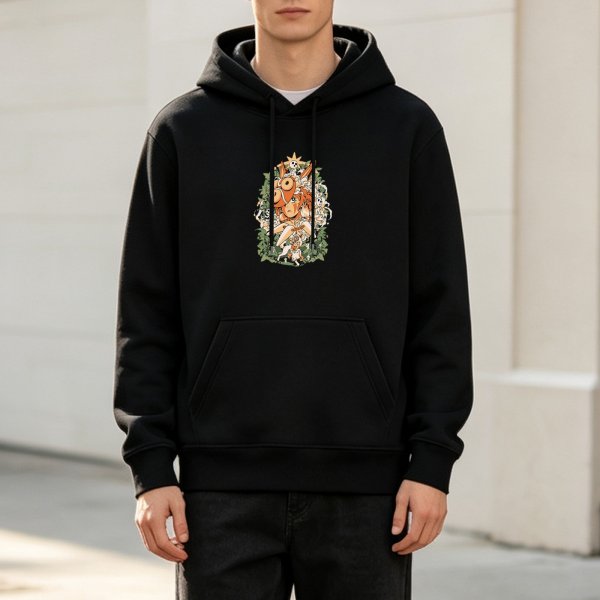 Black hoodie with whimsical nature-themed graphic print